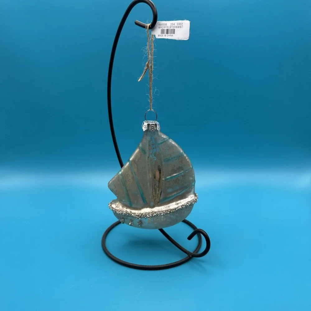 Pottery Barn Sailboat‎ Christmas Tree Ornament Nautcial Coastal Glass Decor Kids